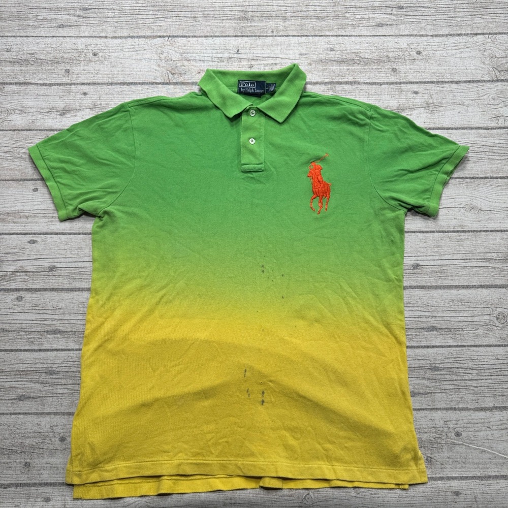 Polo Ralph Lauren Shirt Mens Large Green Yellow Ombre Cotton Short Sleeve Summer